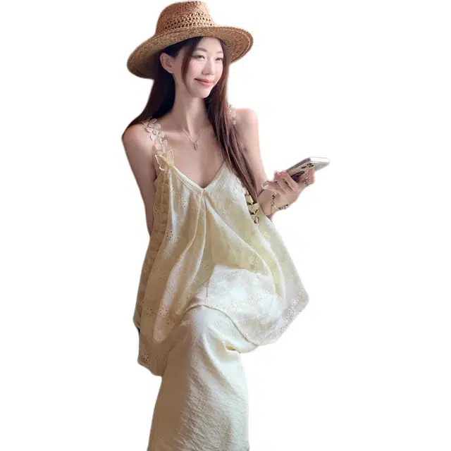 囍鱼少女 小清新度假风蝴蝶结外穿裙摆设计感无袖小衫吊带连衣裙 女款