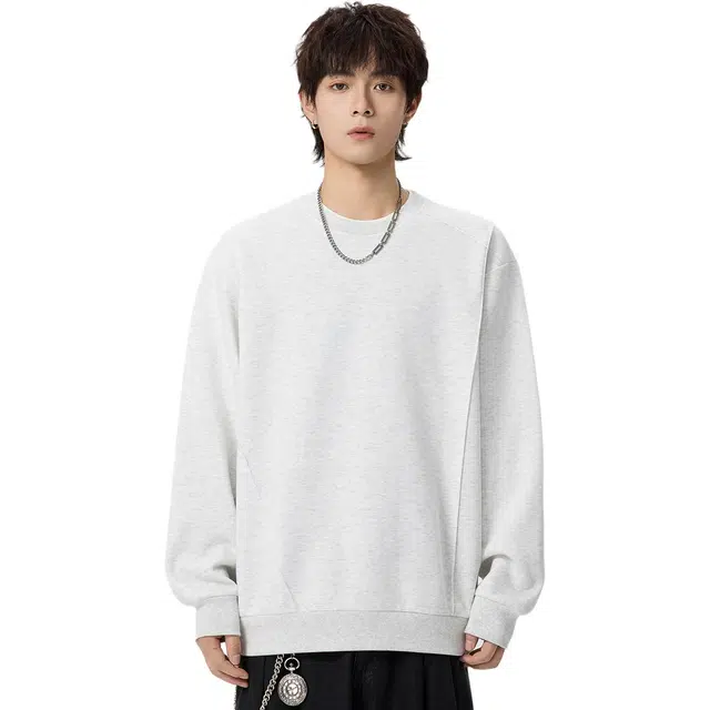 米素力 纯色假两件圆领落肩袖潮套头卫衣 男女同款