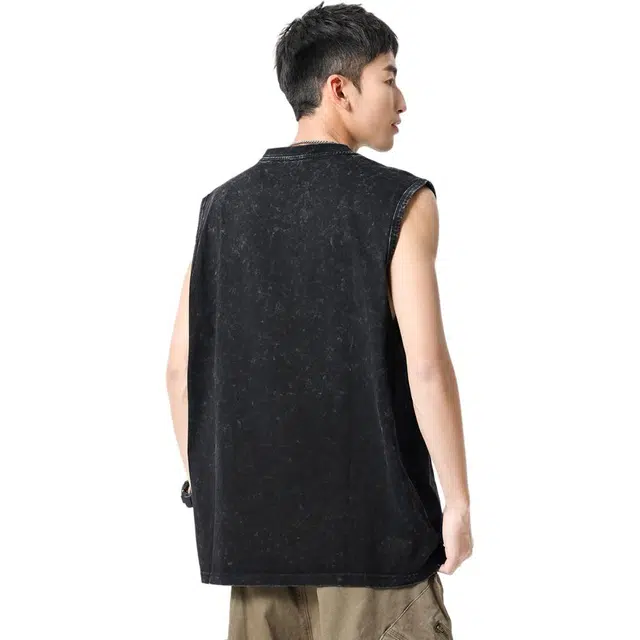 米素力 复古水洗做旧英文圆领背心 男款