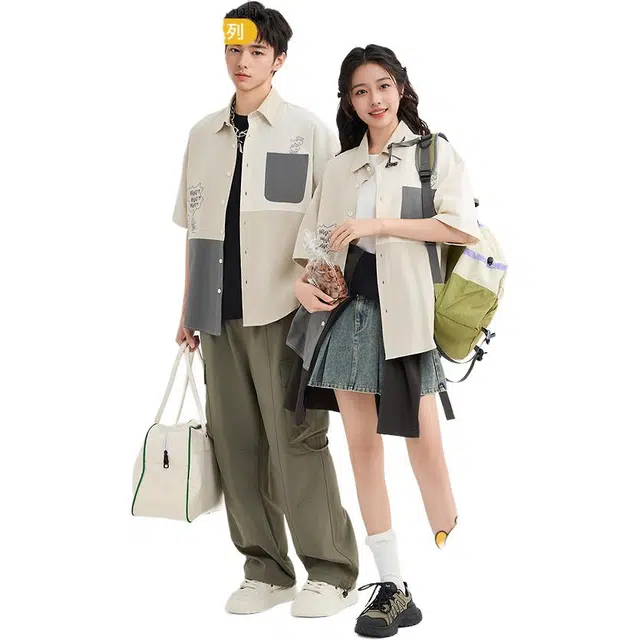 三福 拼接短款字母翻领短袖衬衫 男款