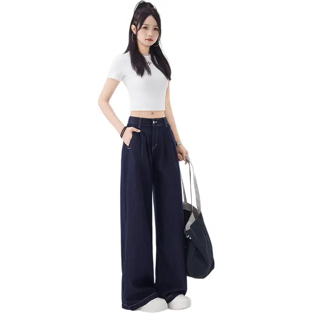 艾格 高腰宽松直筒美式垂感裤子休闲百搭设计感显腿长牛仔裤 女款