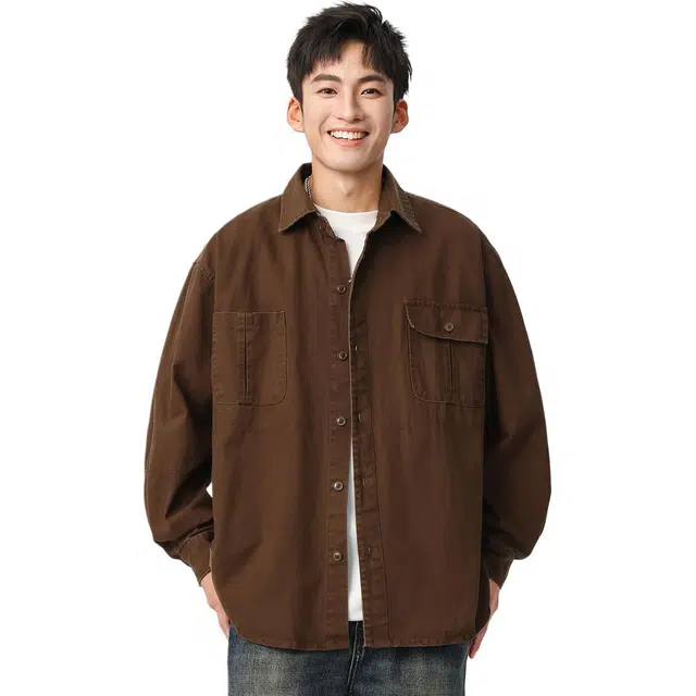 米素力 纯棉长袖秋季纯色落肩袖休闲风衬衫 男女同款