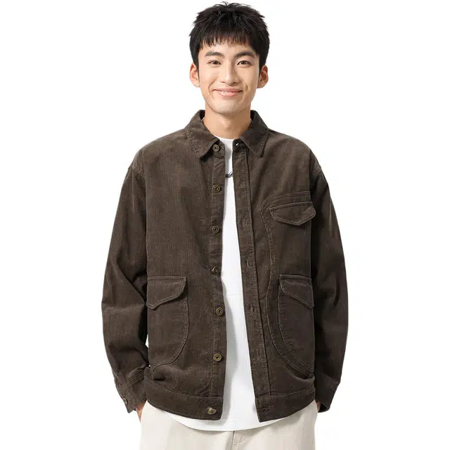 米素力 灯芯绒复古外套纯色落肩袖宽松型休闲风夹克 男女同款