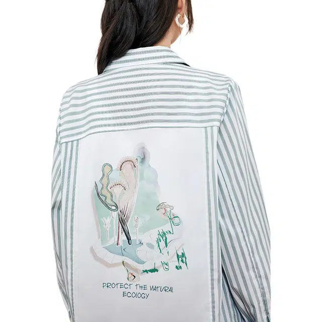 熙然 竖条纹小清新常规翻领长袖衬衫 女款