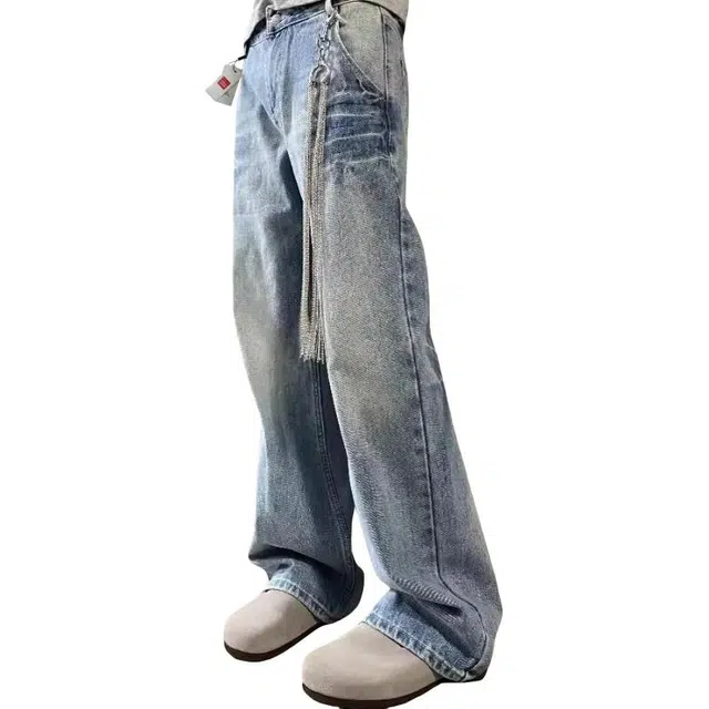 北极绒 水洗百搭直筒拖地长裤美式复古潮牌高街宽松阔腿牛仔裤 男款