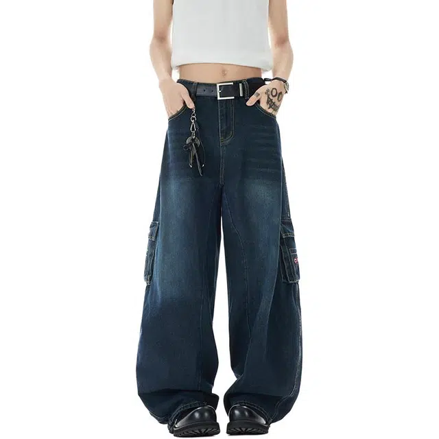 佐菲利 美式水洗多口袋弯刀复古潮牌做旧长裤夏季宽松垂感阔腿裤牛仔裤 男款