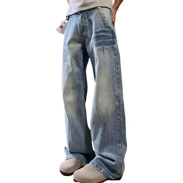 北极绒 水洗百搭直筒拖地长裤美式复古潮牌高街宽松阔腿牛仔裤 男款