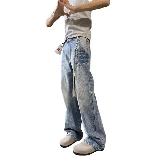 北极绒 水洗百搭直筒拖地长裤美式复古潮牌高街宽松阔腿牛仔裤 男款