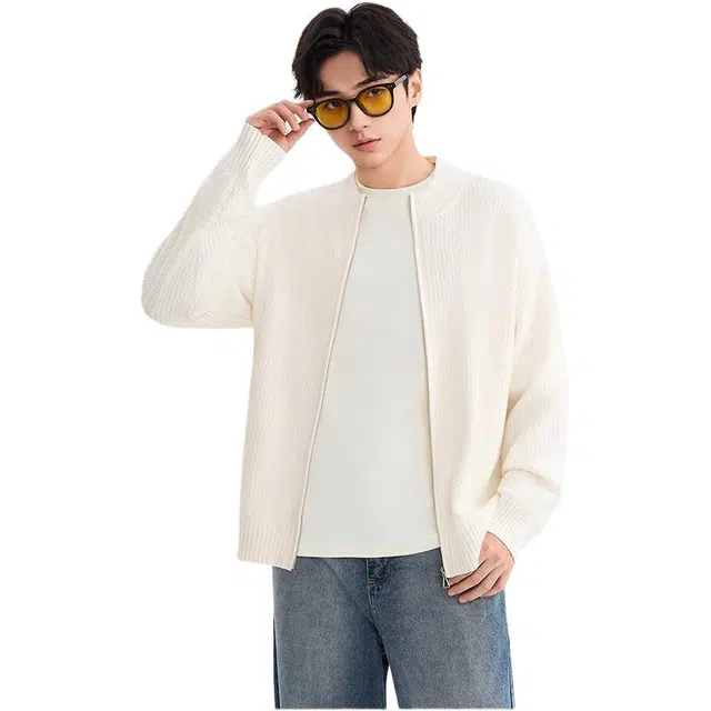 三福 肌理波纹开衫拉链纯色常规长袖圆领宽松毛衣 男款