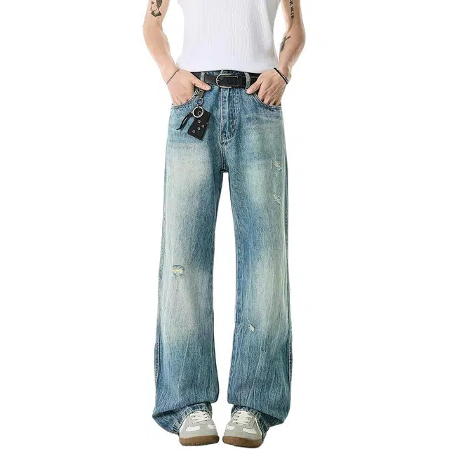 米素力 水洗复古高街宽松中腰长裤牛仔裤 男款