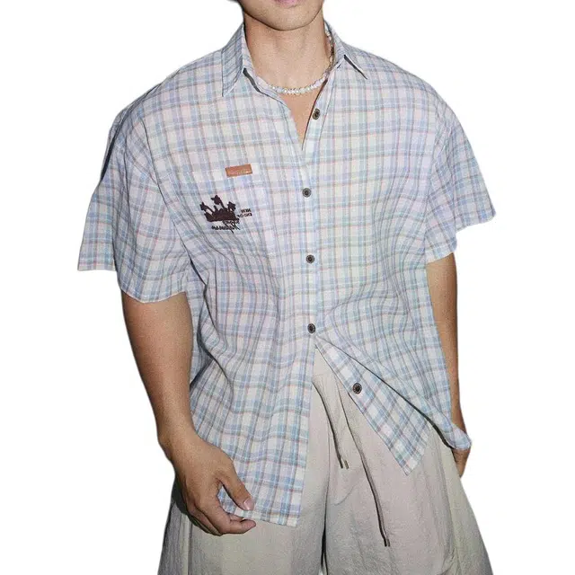 地界二 美式复古潮牌格子短袖男夏季学院风宽松百搭休闲格纹衬衣复古格子短袖潮衬衫 男款