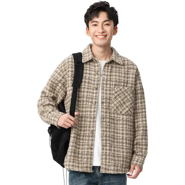 米素力 重磅格子衬衫式落肩袖宽松型休闲风夹克 男女同款