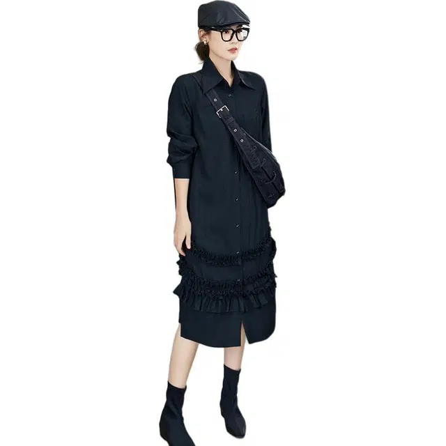 美洋 冰丝微皱翻领长袖连衣裙 女款