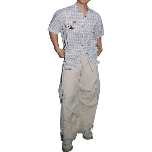 地界二 美式复古潮牌格子短袖男夏季学院风宽松百搭休闲格纹衬衣复古格子短袖潮衬衫 男款