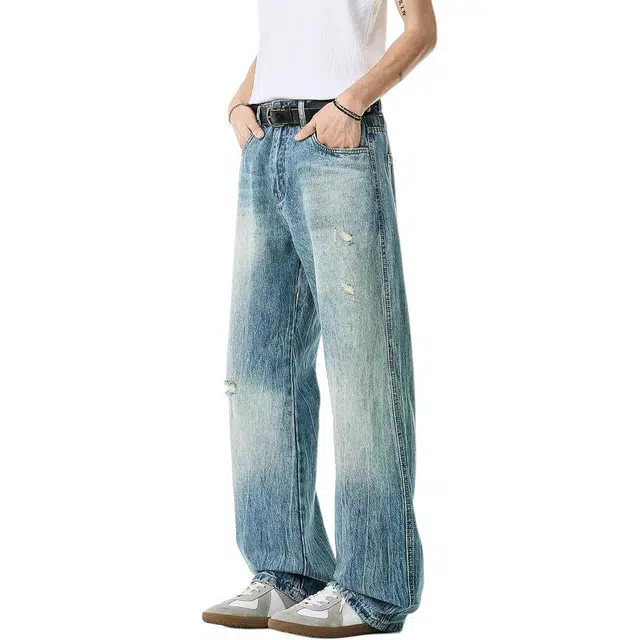 米素力 水洗复古高街宽松中腰长裤牛仔裤 男款