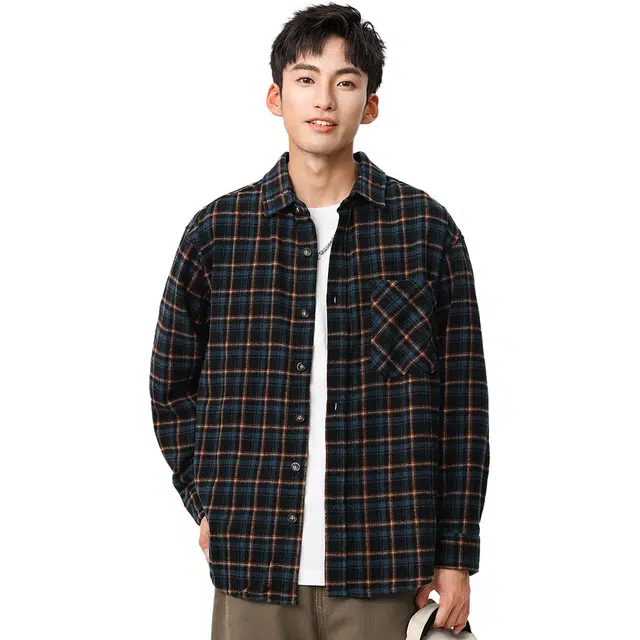 米素力 磨毛格子秋季落肩袖长袖通勤风衬衫 男女同款