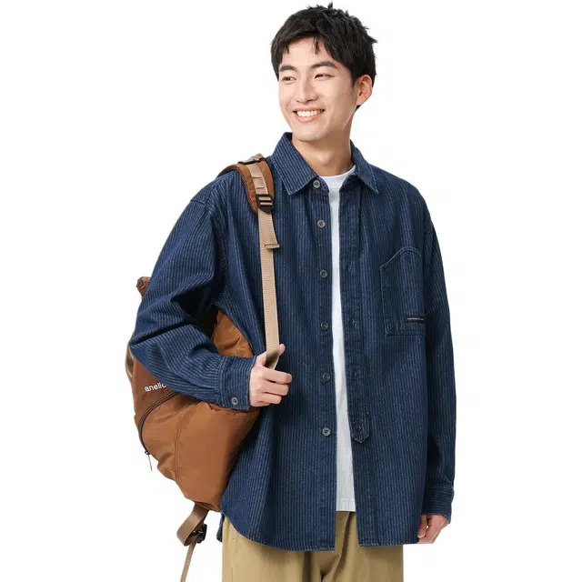 米素力 覆古条纹长袖落肩袖衬衫 男女同款