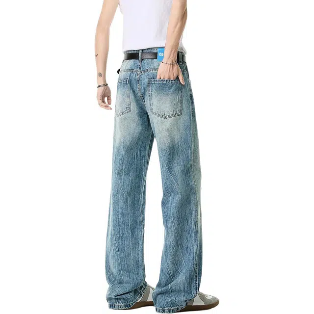 米素力 水洗复古高街宽松中腰长裤牛仔裤 男款