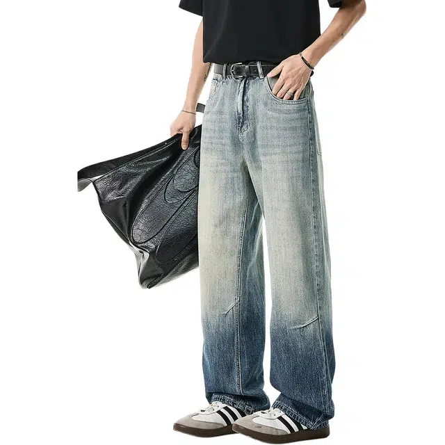 米素力 渐变色天丝夏季宽松中腰长裤牛仔裤 男款