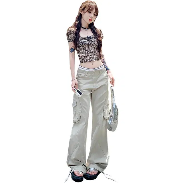 花蔓色 美式辣妹直筒工装女春季舒适百搭高腰宽松显瘦阔腿拖地裤子休闲裤 女款