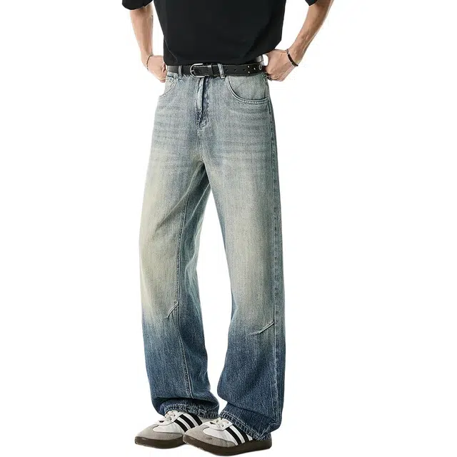 米素力 渐变色天丝夏季宽松中腰长裤牛仔裤 男款