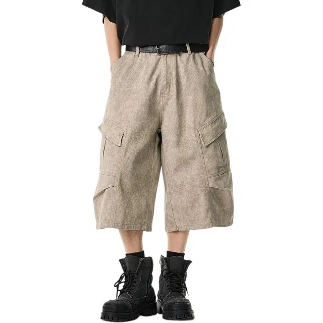 米素力 美式复古做旧宽松迷彩中腰七分裤工装短裤 男女同款