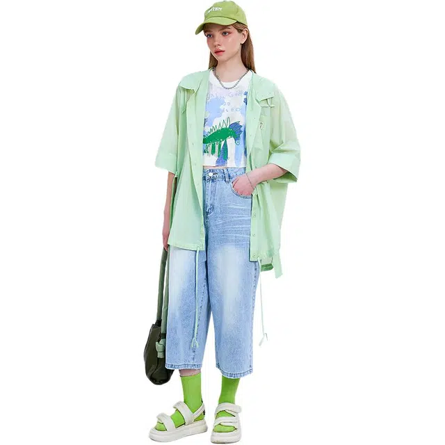 木果果木 夏季韩版慵懒风纯色常规短袖翻领休闲衬衫 女款