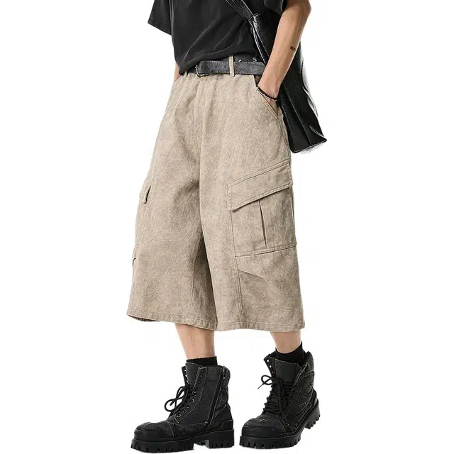 米素力 美式复古做旧宽松迷彩中腰七分裤工装短裤 男女同款