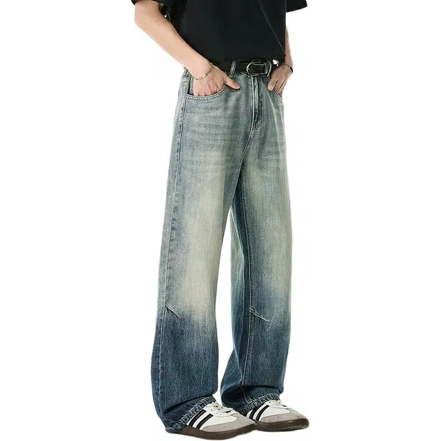 米素力 渐变色天丝夏季宽松中腰长裤牛仔裤 男款