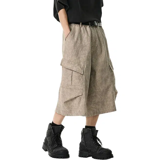 米素力 美式复古做旧宽松迷彩中腰七分裤工装短裤 男女同款