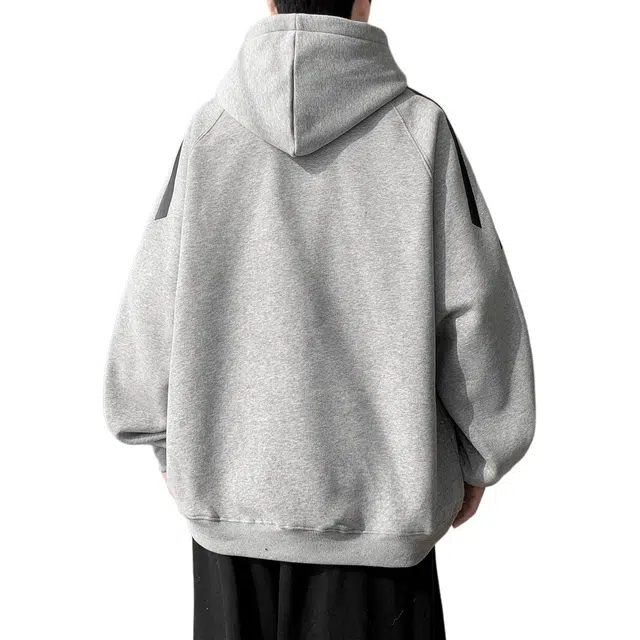 地界二 冬季加绒加厚连帽男美式复古宽松撞色拼接保暖百搭套头帽衫卫衣 男款