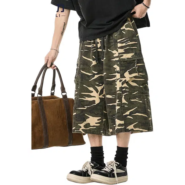 米素力 复古迷彩宽松工装裤中腰七分裤休闲短裤 男款