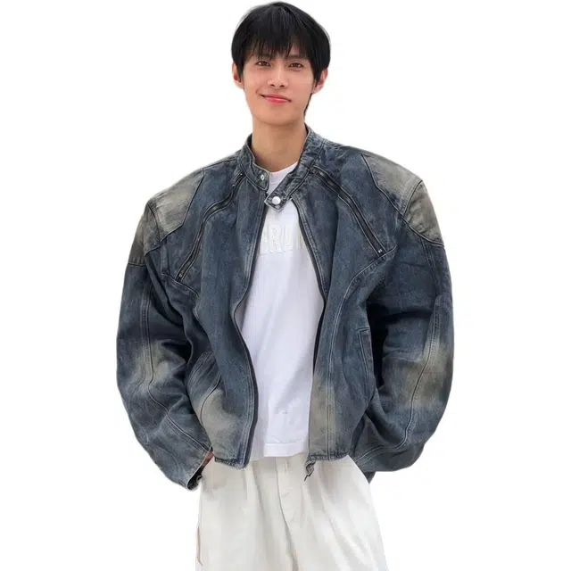 地界二 美式复古水洗拉链设计男秋季街头痞帅廓形做旧垫肩夹克水洗拉链设计复古散口袖宽松型潮牛仔外套 男款