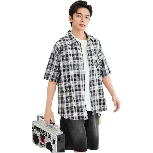 三福 蜡染格子休闲文艺翻领短袖衬衫 男款