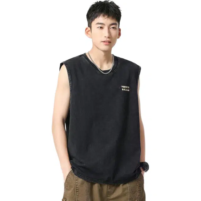 米素力 水洗做旧无袖高级感英文圆领背心 男款