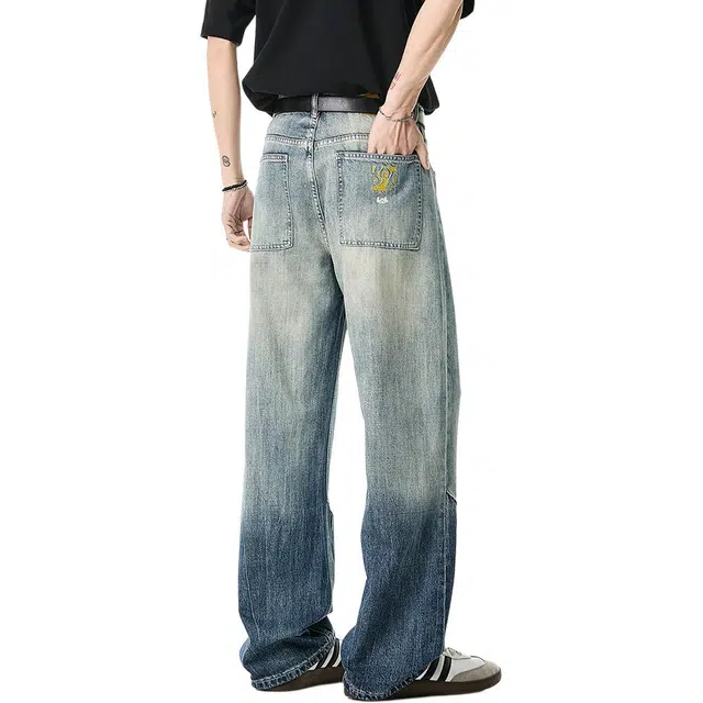 米素力 渐变色天丝夏季宽松中腰长裤牛仔裤 男款