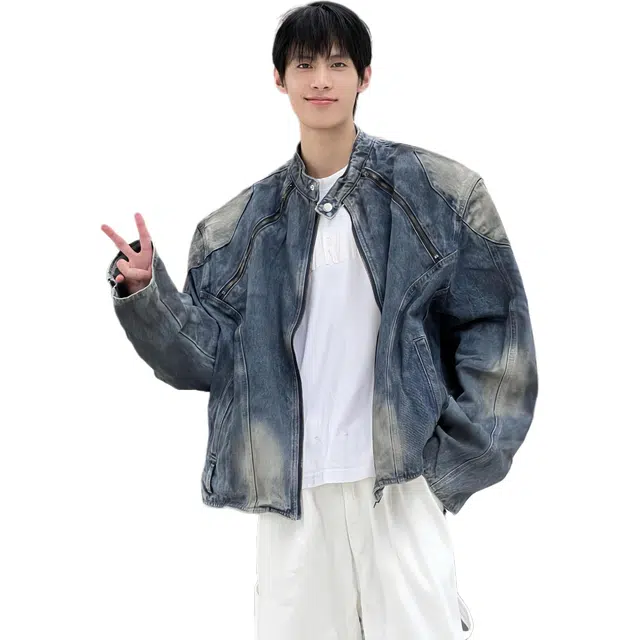 地界二 美式复古水洗拉链设计男秋季街头痞帅廓形做旧垫肩夹克水洗拉链设计复古散口袖宽松型潮牛仔外套 男款