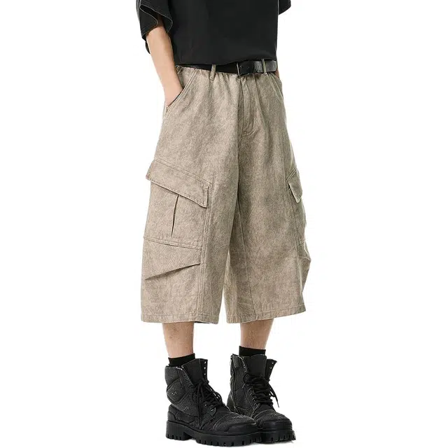 米素力 美式复古做旧宽松迷彩中腰七分裤工装短裤 男女同款