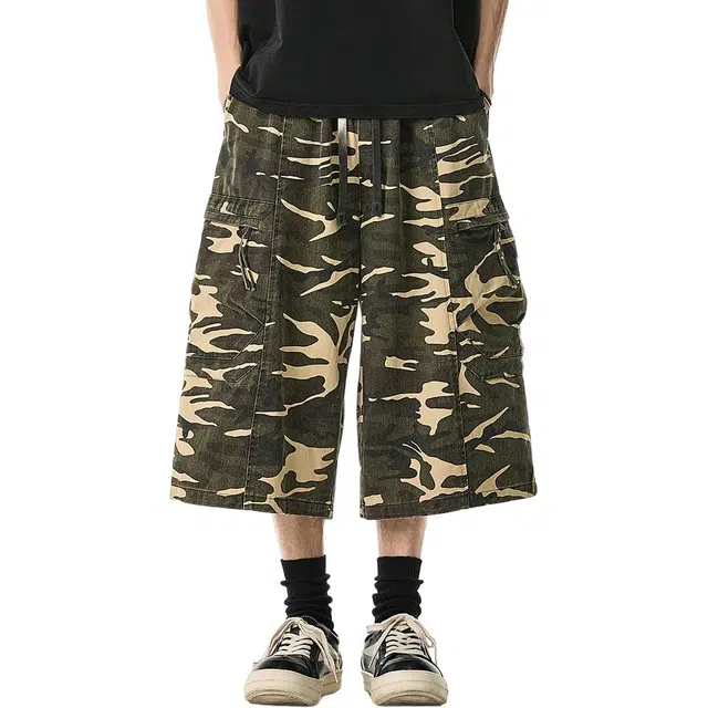 米素力 复古迷彩宽松工装裤中腰七分裤休闲短裤 男款