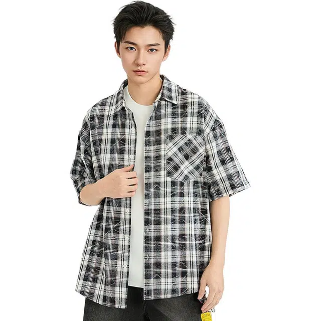 三福 蜡染格子休闲文艺翻领短袖衬衫 男款