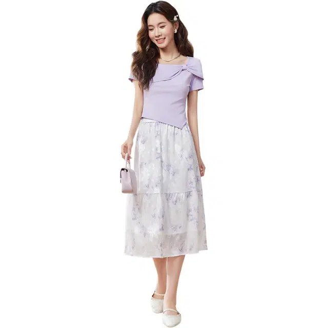 爱依服 清新法式温柔气质通勤百搭短袖上衣半身裙裙装套装 女款