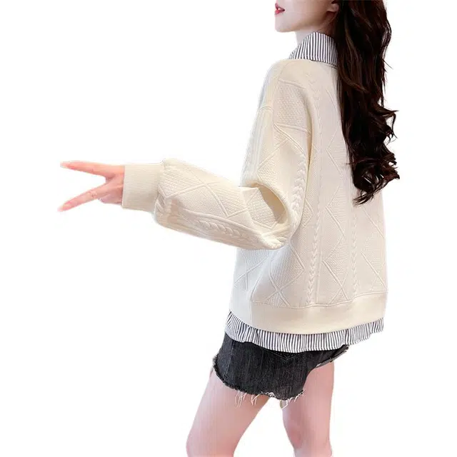 邦固依品 薄款女春秋季款宽松大码女装设计感小众假两件拼接翻领上衣卫衣 女款