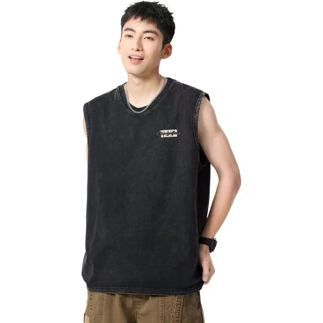 米素力 水洗做旧无袖高级感英文圆领背心 男款
