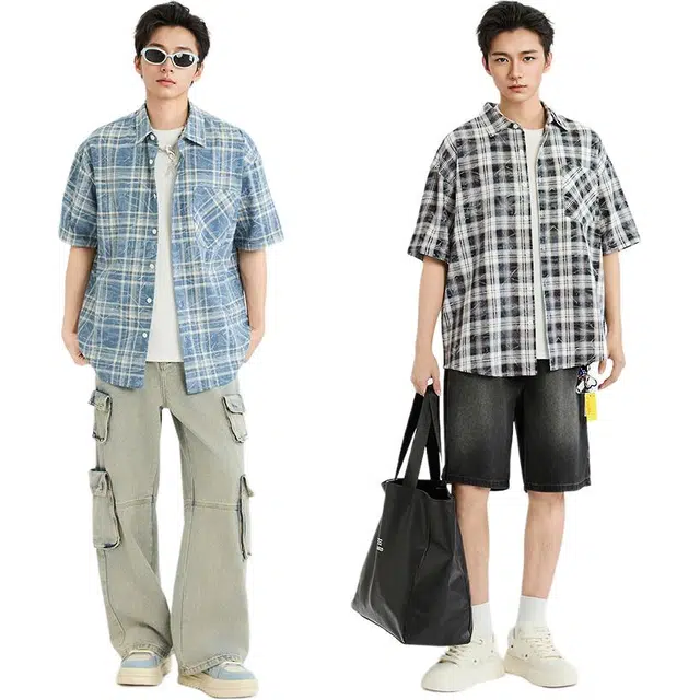 三福 蜡染格子休闲文艺翻领短袖衬衫 男款