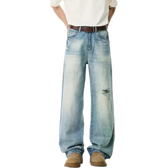 米素力 破洞夏季薄款宽松中腰长裤牛仔裤 男款