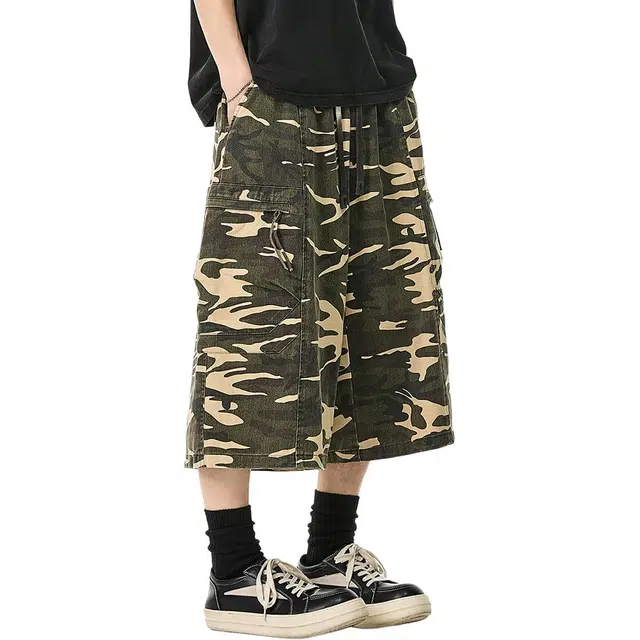 米素力 复古迷彩宽松工装裤中腰七分裤休闲短裤 男款