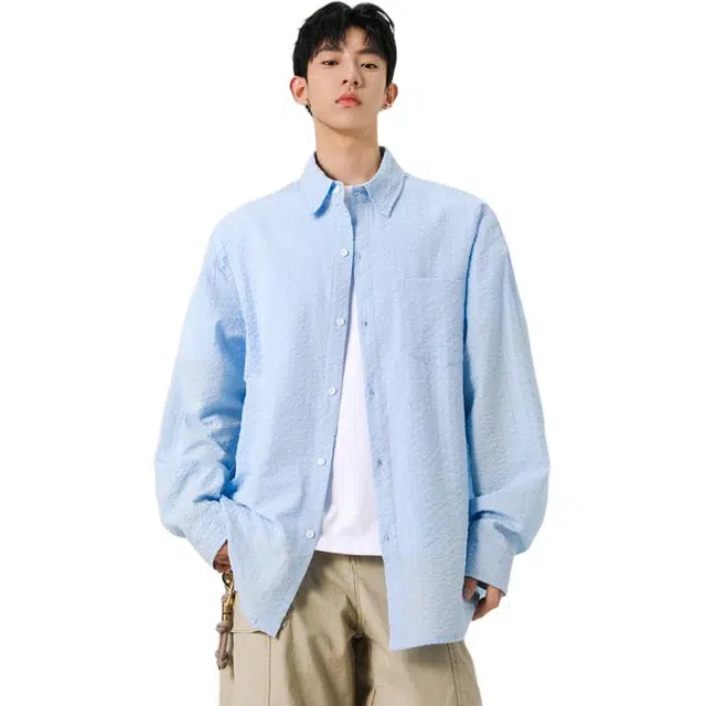 地界二 复古肌理感纯色泡泡纱长袖潮牌宽松百搭薄款衬衣衬衫 男款