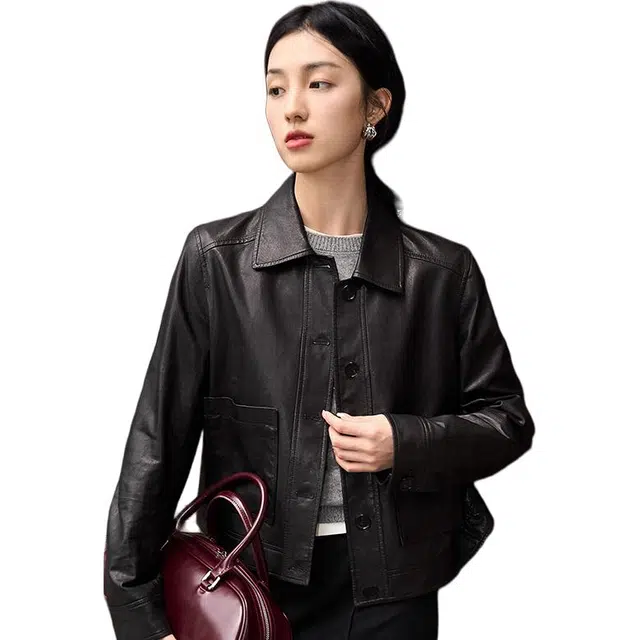 比利斯山羊 时尚休闲翻领短款双口袋真皮皮衣 女款