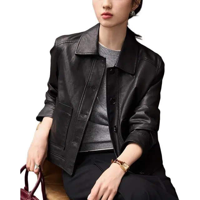 比利斯山羊 时尚休闲翻领短款双口袋真皮皮衣 女款