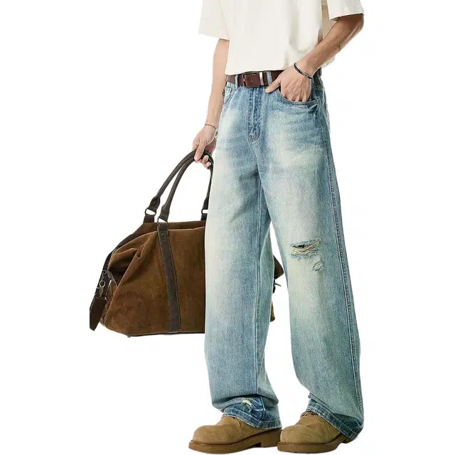 米素力 破洞夏季薄款宽松中腰长裤牛仔裤 男款